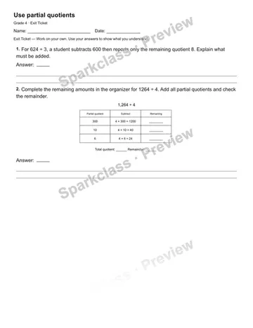 Use partial quotients — Exit Ticket — Grade 4 worksheet preview
