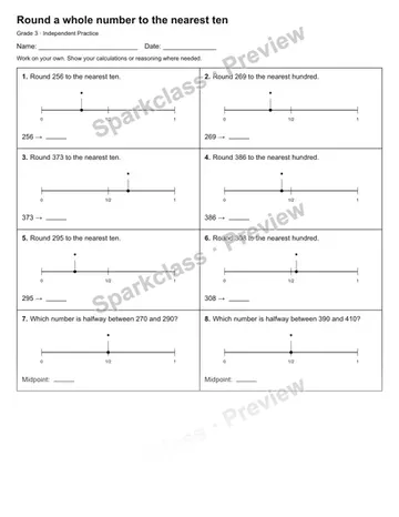 Round a whole number to the nearest ten — Independent Practice — Grade 3 worksheet preview