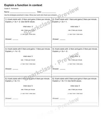 Explain a function in context — Homework — Grade 8 worksheet preview