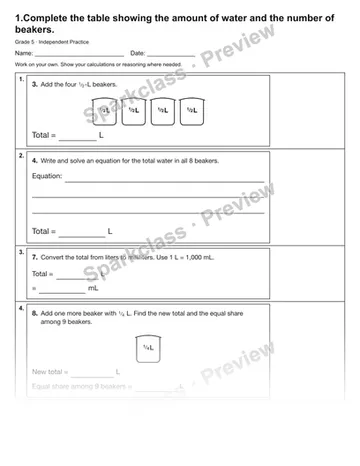 1.Complete the table showing the amount of water and the number of beakers. — Independent Practice — Grade 5 worksheet preview