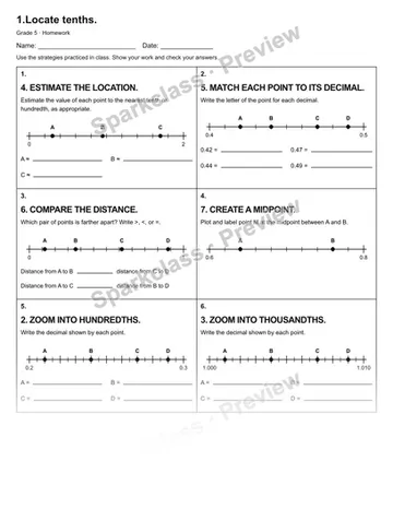 1.Locate tenths. — Homework — Grade 5 worksheet preview