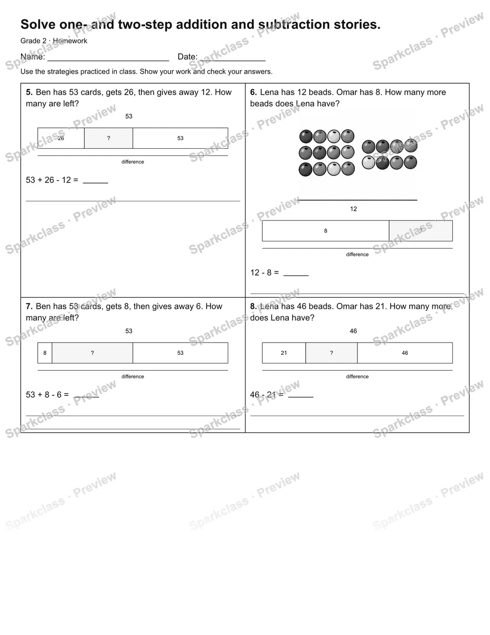 Solve one- and two-step addition and subtraction stories. — Homework — page 2