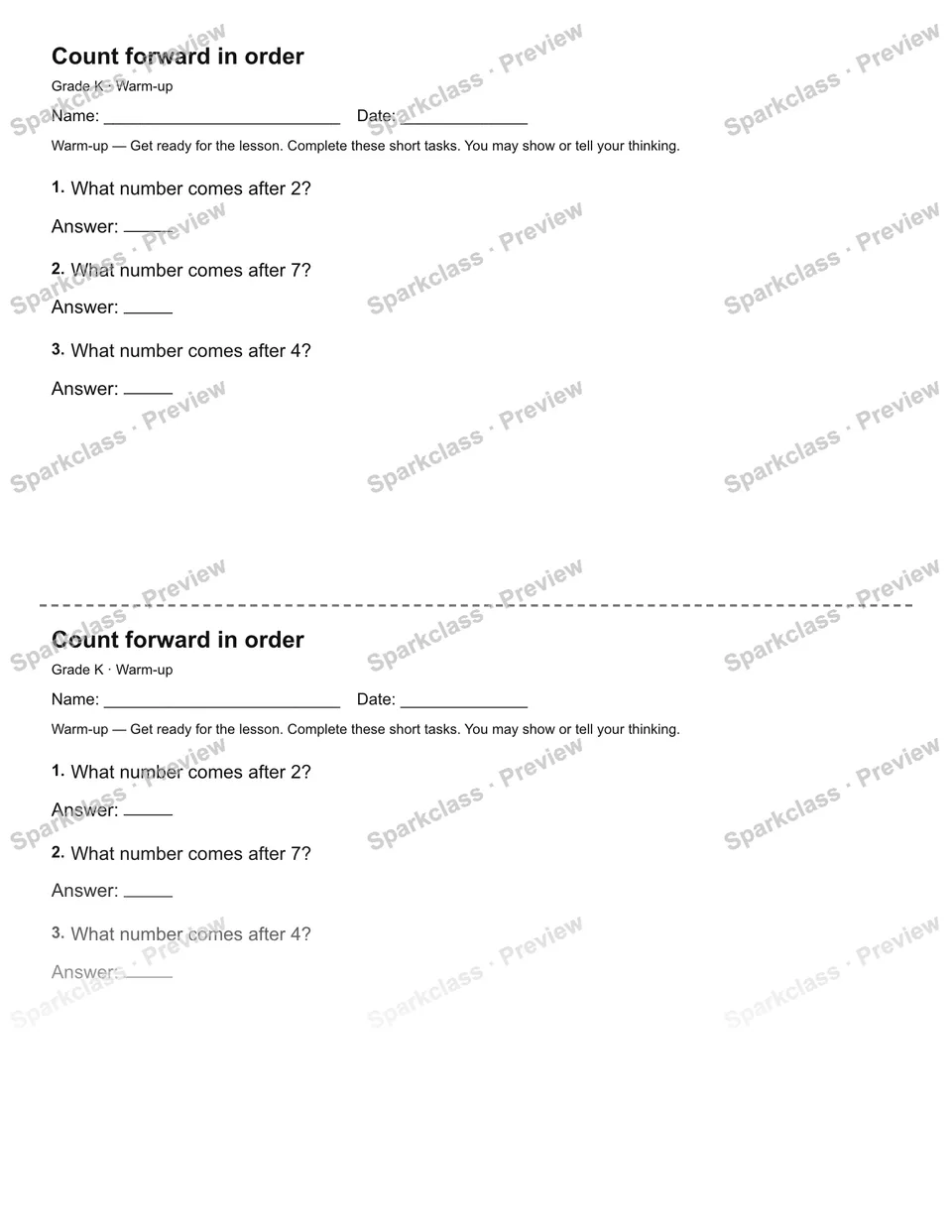 Count forward in order — Warm-up — page 1