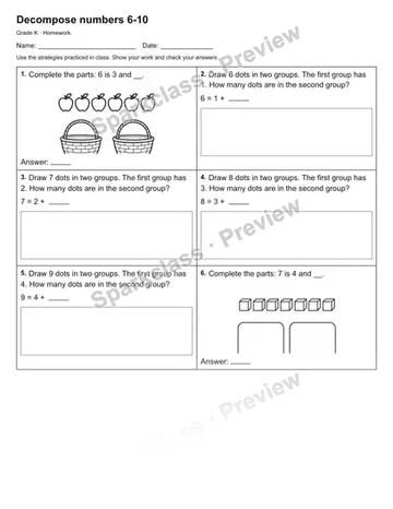 Decompose numbers 6-10 — Homework — Kindergarten worksheet preview