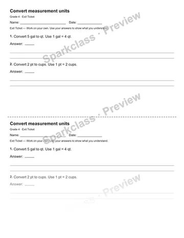 Convert measurement units — Exit Ticket — Grade 4 worksheet preview