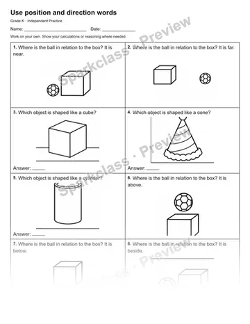 Use position and direction words — Independent Practice — Kindergarten worksheet preview