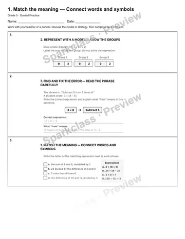 1. Match the meaning — Connect words and symbols — Guided Practice — Grade 5 worksheet preview