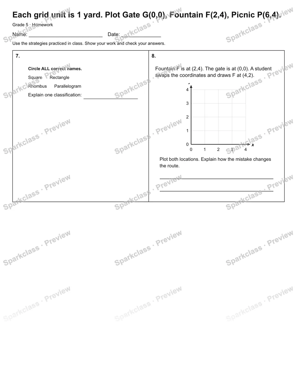 Each grid unit is 1 yard. Plot Gate G(0,0), Fountain F(2,4), Picnic P(6,4). — Homework — page 2