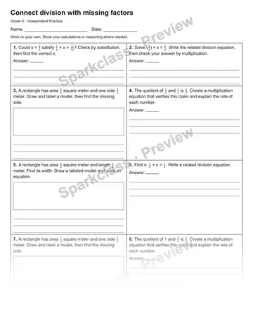 Connect division with missing factors — Independent Practice — Grade 6 worksheet preview