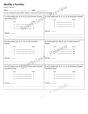 Identify a function — Review — Grade 8 worksheet preview