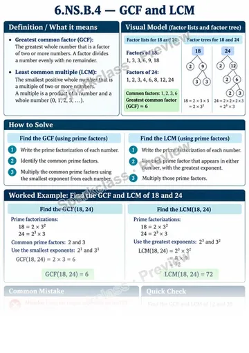 Knowledge Guide · Greatest common factor, least common multiple — Grade 6 worksheet preview