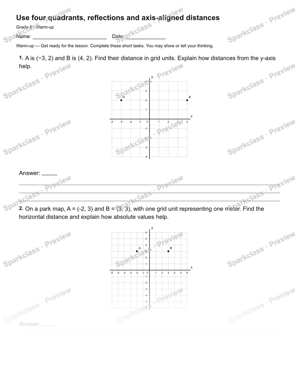 Use four quadrants, reflections and axis-aligned distances — Warm-up — page 1