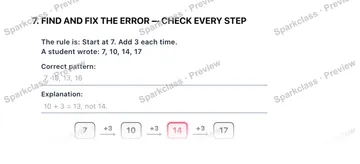 7. FIND AND FIX THE ERROR — CHECK EVERY STEP The rule is: Start at 7. Add 3 each time. A student wrote: 7, 10, 14, 17 Correct pattern: Explanation: 7 +3 10 +3 14 +3 17 — Grade 5 problem preview