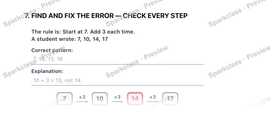 7. FIND AND FIX THE ERROR — CHECK EVERY STEP The rule is: Start at 7. Add 3 each time. A student wrote: 7, 10, 14, 17 Correct pattern: Explanation: 7 +3 10 +3 14 +3 17 — page 1