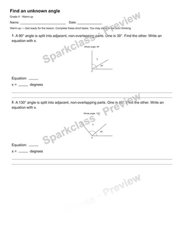 Find an unknown angle — Warm-up — Grade 4 worksheet preview