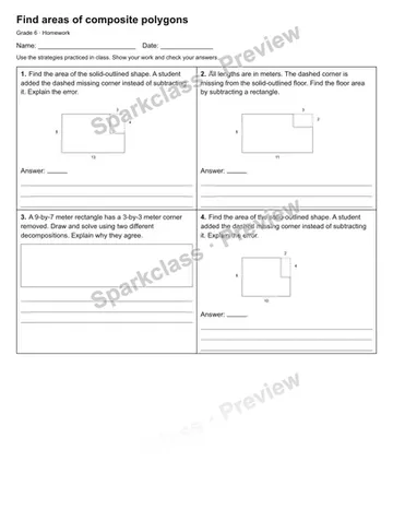 Find areas of composite polygons — Homework — Grade 6 worksheet preview