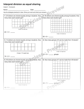 Interpret division as equal sharing — Homework — Grade 3 worksheet preview