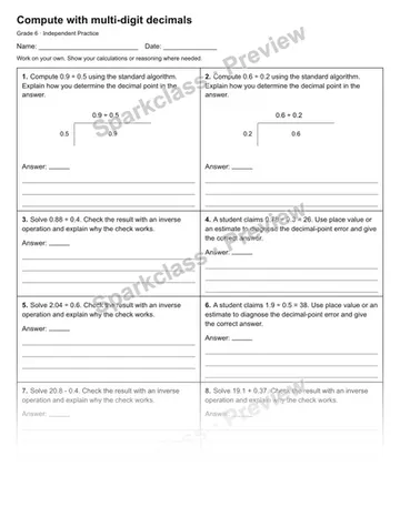 Compute with multi-digit decimals — Independent Practice — Grade 6 worksheet preview