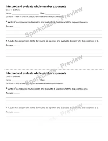 Interpret and evaluate whole-number exponents — Exit Ticket — Grade 6 worksheet preview