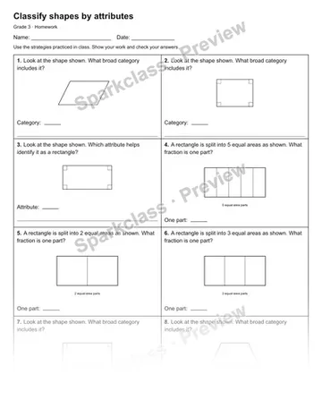 Classify shapes by attributes — Homework — Grade 3 worksheet preview