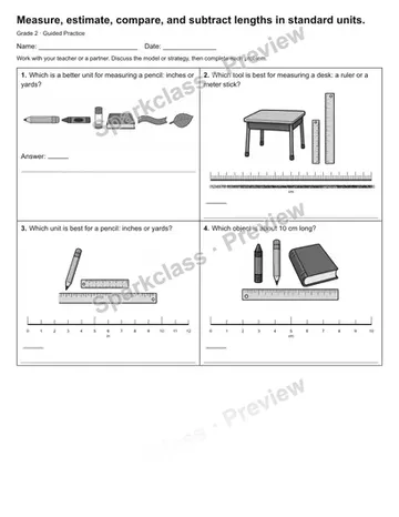 Measure, estimate, compare, and subtract lengths in standard units. — Guided Practice — Grade 2 worksheet preview