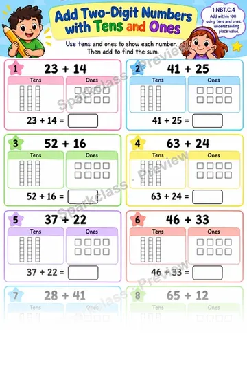 Add Two Digit Numbers Place Value — Grade 1 worksheet preview