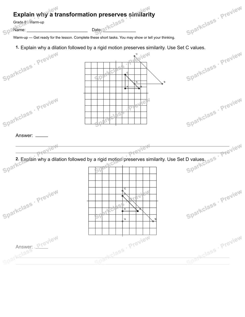 Explain why a transformation preserves similarity — Warm-up — page 2