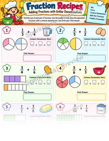 Add Fractions With Unlike Denominators — Grade 5 worksheet preview