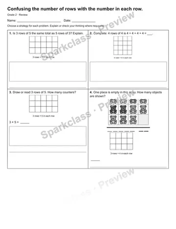 Confusing the number of rows with the number in each row. — Review — Grade 2 worksheet preview