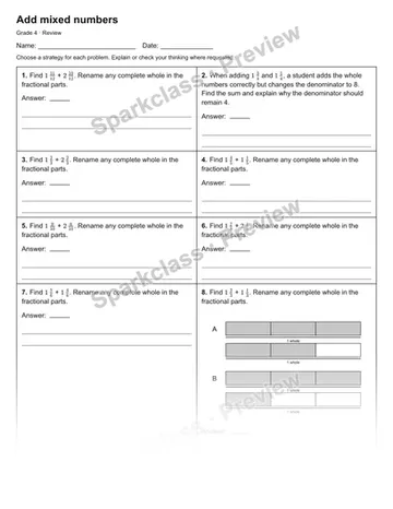 Add mixed numbers — Review — Grade 4 worksheet preview
