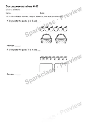 Decompose numbers 6-10 — Exit Ticket — Kindergarten worksheet preview