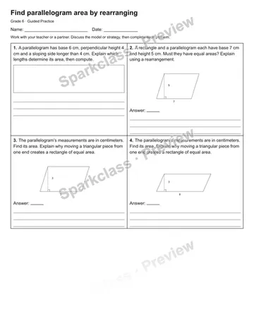 Find parallelogram area by rearranging — Guided Practice — Grade 6 worksheet preview