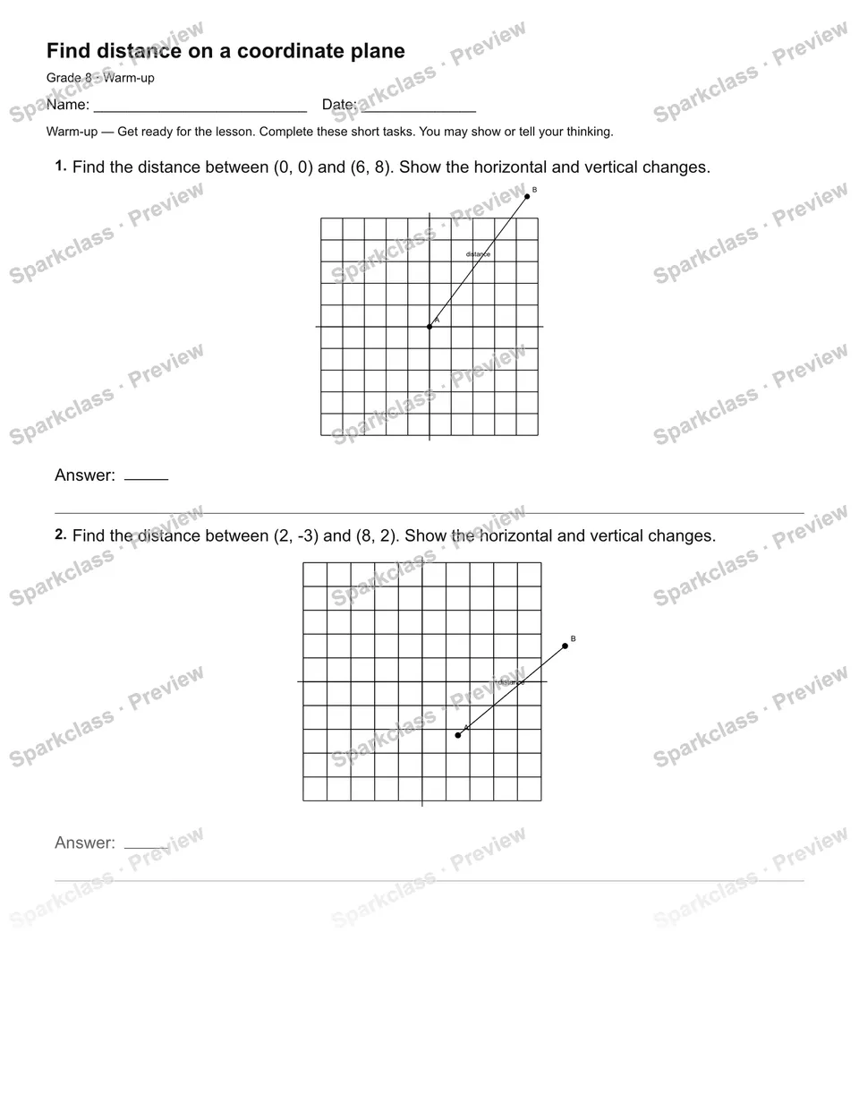Find distance on a coordinate plane — Warm-up — page 1