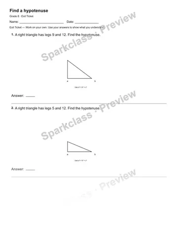 Find a hypotenuse — Exit Ticket — Grade 8 worksheet preview