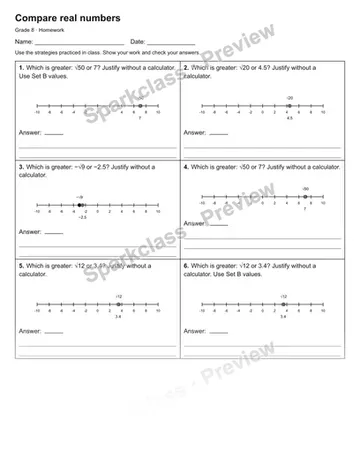 Compare real numbers — Homework — Grade 8 worksheet preview