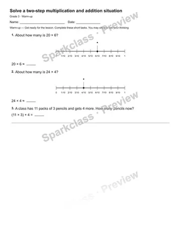 Solve a two-step multiplication and addition situation — Warm-up — Grade 3 worksheet preview