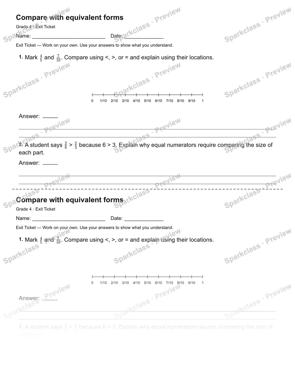 Compare with equivalent forms — Exit Ticket — page 1