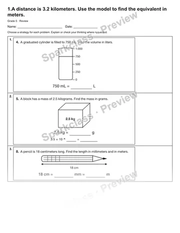 1.A distance is 3.2 kilometers. Use the model to find the equivalent in meters. — Review — Grade 5 worksheet preview