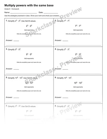 Multiply powers with the same base — Homework — Grade 8 worksheet preview