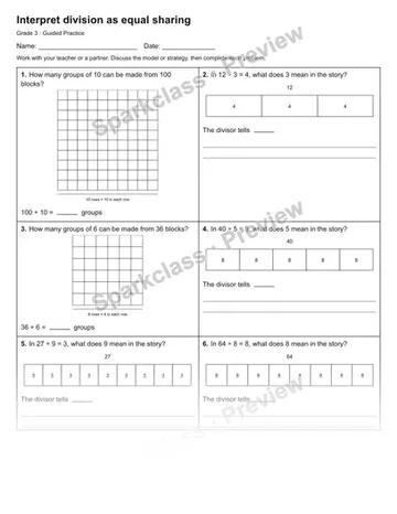 Interpret division as equal sharing — Guided Practice — Grade 3 worksheet preview
