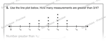 5. Use the line plot below. How many measurements are greater than 3/4? × × × × × × × × × × × × 0 1 / 8 1 / 4 3 / 8 1 / 2 5 / 8 3 / 4 7 / 8 1 Number greater than 3 / 4 : — Grade 5 problem preview