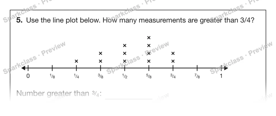 5. Use the line plot below. How many measurements are greater than 3/4? × × × × × × × × × × × × 0 1 / 8 1 / 4 3 / 8 1 / 2 5 / 8 3 / 4 7 / 8 1 Number greater than 3 / 4 : — page 1