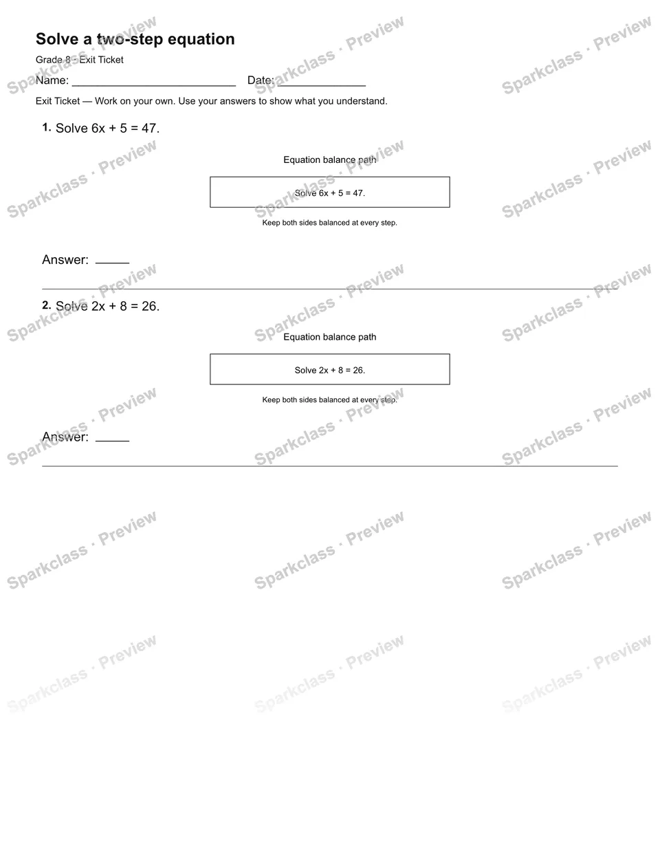 Solve a two-step equation — Exit Ticket — page 1