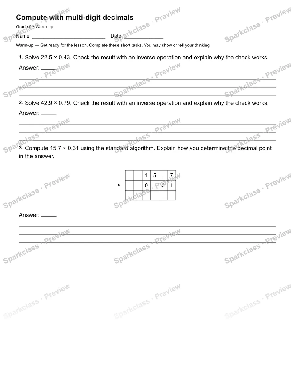 Compute with multi-digit decimals — Warm-up — page 1