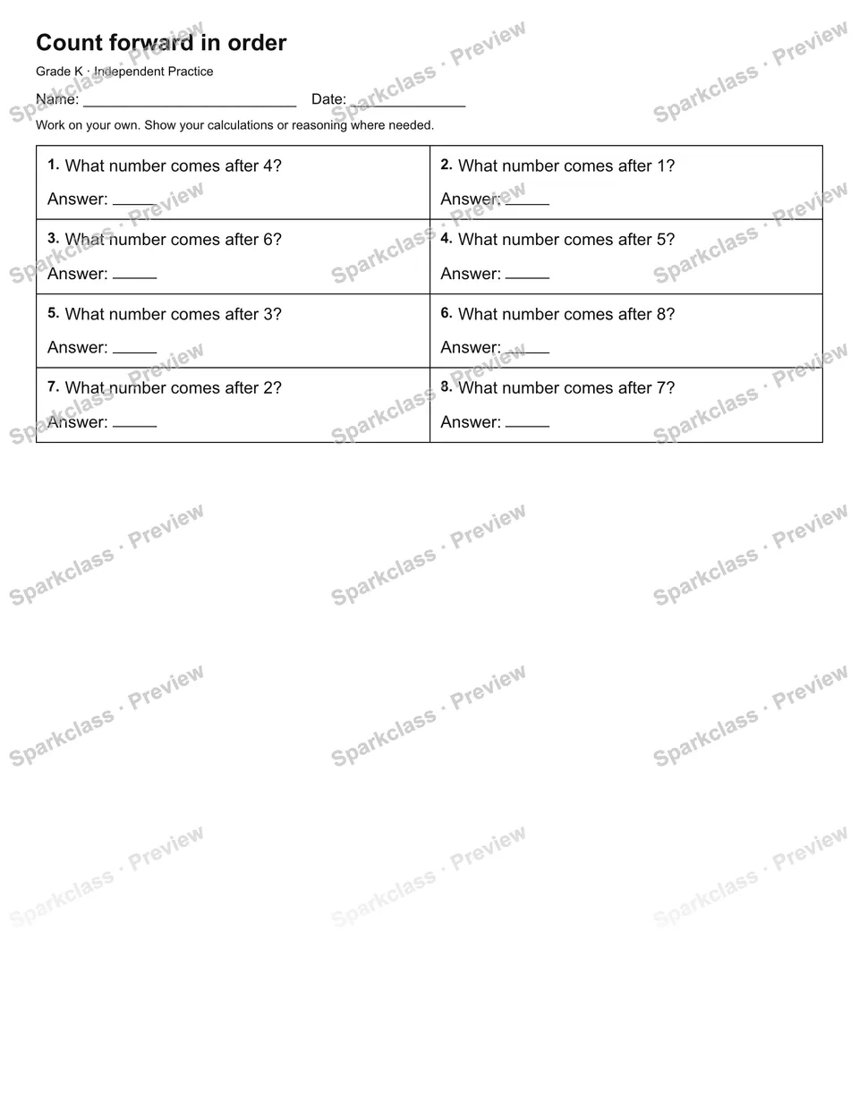 Count forward in order — Independent Practice — page 1