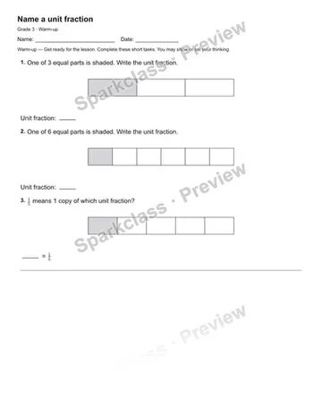 Name a unit fraction — Warm-up — Grade 3 worksheet preview