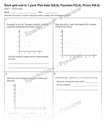 Each grid unit is 1 yard. Plot Gate G(0,0), Fountain F(2,4), Picnic P(6,4). — Guided Practice — Grade 5 worksheet preview