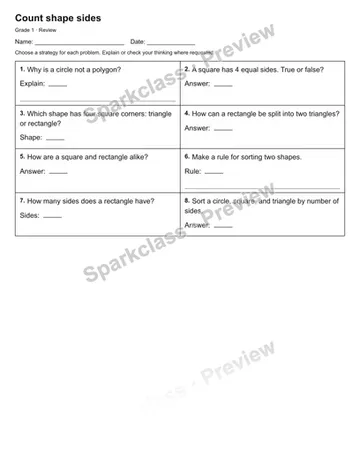 Count shape sides — Review — Grade 1 worksheet preview