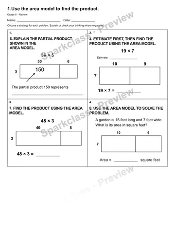 1.Use the area model to find the product. — Review — Grade 5 worksheet preview