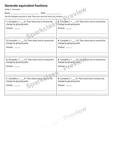 Generate equivalent fractions — Homework — Grade 4 worksheet preview